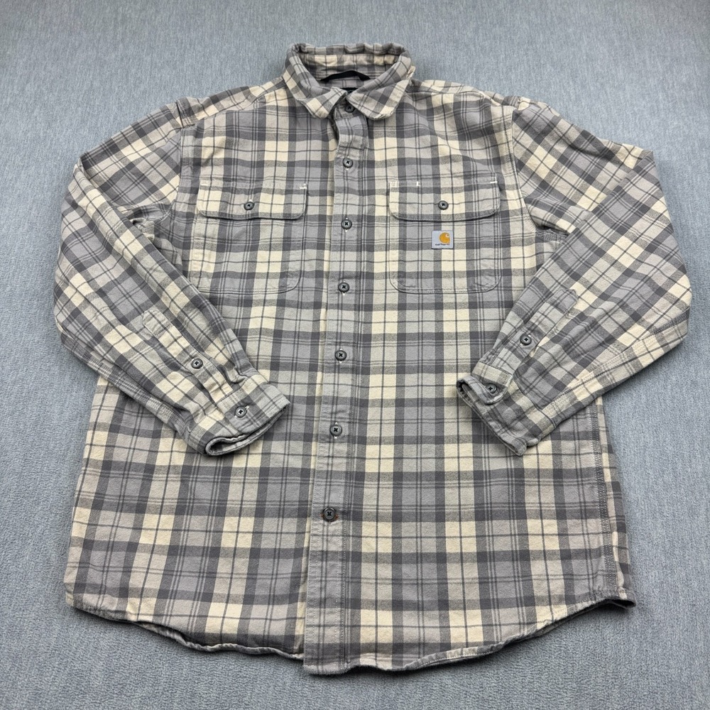 Carhartt Shirt Men Medium Gray Plaid Loose Fit‎ Heavyweight Flannel Long-Sleeve